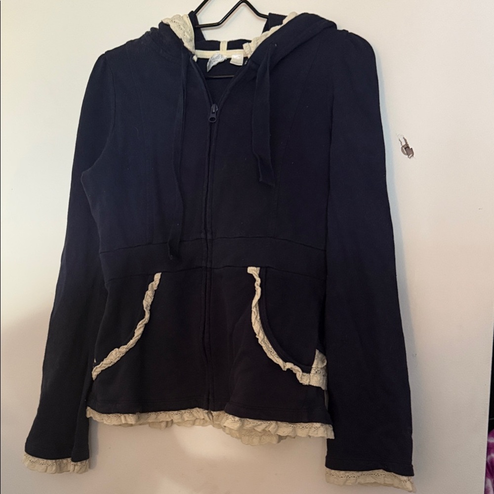 Women's Black Hoodie Jacket with Cream Trim